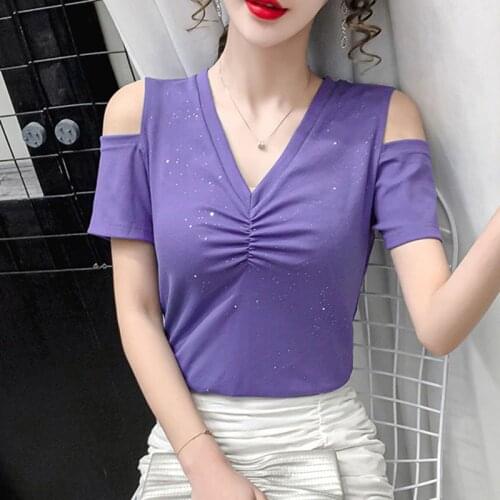 2021 Summer V-Neck Off Shoulder Short Sleeve T-Shirt Women Cotton Tee Shirt Women Knitted White Korean Shiny Lurex Top Femme New