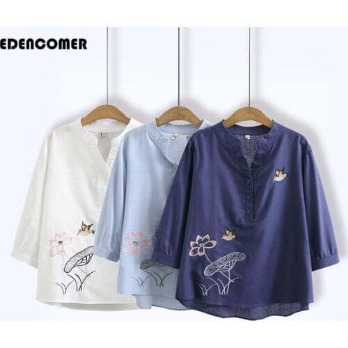 Large Size Womens Literary and Artistic Cotton Embroidered Shirts 2021 New Summer Gas Half-sleeved Bottom Shirt Tops Blouses