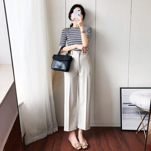 Women Chiffon high waist straight pants women was Ankle-Llngth pants suit pants black Office lady Wide leg trousers women