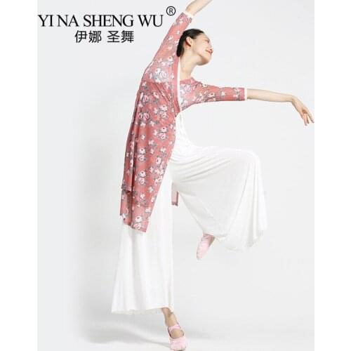 Women Classical Dance Gauze Cheongsam Printed Body Rhyme Folk Dance Performance Practice Clothes Wide Leg Flowy Pant Green Top
