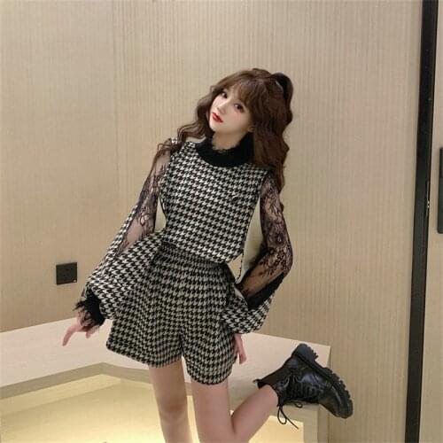 Hollow stitching lace sleeves stand collar loose tops + high waist shorts suit womens clothing 2pcs set for autumn