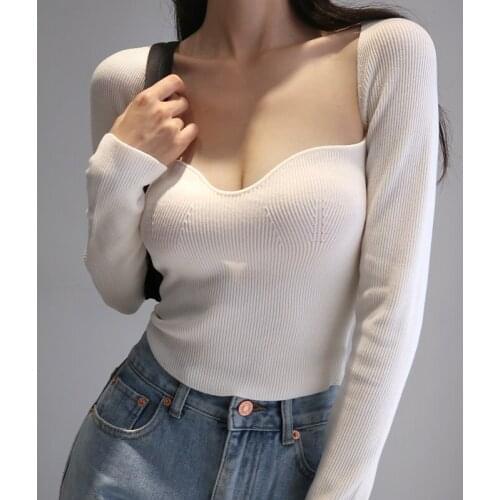 2021 Sexy Square Neck Ribbed Knitted Sweater Women Casual Long Sleeve High Stretch Pullovers Streetwear White Soft Basic Top