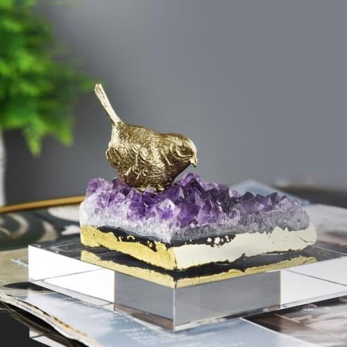 Home Decor Accessories Gold Brass Bird Stand Natural Pureple Crystal Stone Ornament Decor Living Room Office Objects Gifts