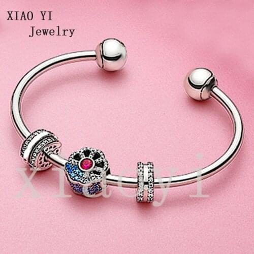 XIAOYI 2020NEW S925 best selling!European fan-shaped blue gradient charm opening bracelet love clip buckle wedding party jewelry