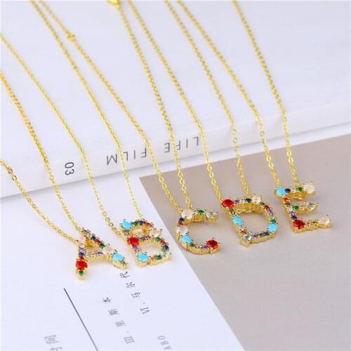 JUWANG Vintage Clavicle Chain Chokers Necklaces Jewelry Multicolor Cubic Zirconia 26 Alphabet Letter Pendant Necklace For Women