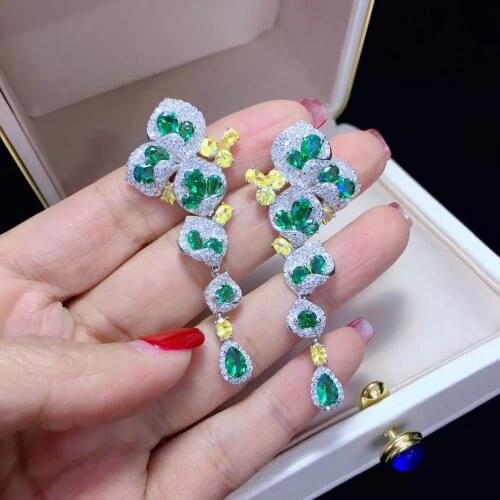 Green color long earring 925 sterling silver with cubic zircon fine women jewelry party earring free shipping