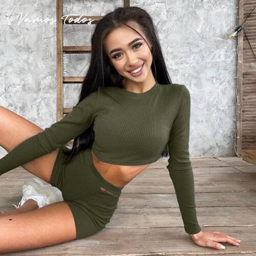 Stretchy Crop Top Women Long Sleeve Suits for Women High Waist Slim Fit Woman Outfits Casual Womens Tracksuit Two Pieces Sets