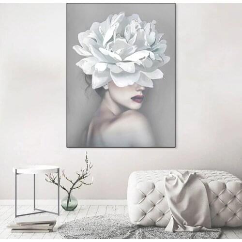 Canvas Painting White Flower Abstract Girl Nordic Wall Art Picture Prints and Posters Living Room Decoration