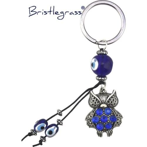 BRISTLEGRASS Turkish Blue Evil Eye Rhinestone Owl Key Chain Ring Holder Keychain Lucky Charm Hanging Pendant Blessing Protection