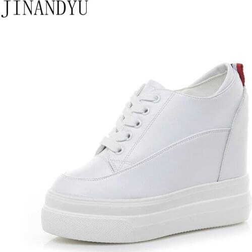 Real Leather Womens Casual Shoes 11cm High Heel Sneaker Wedges Platform Vulcanize Shoes Hidden Heels Black White Chunky Sneakers