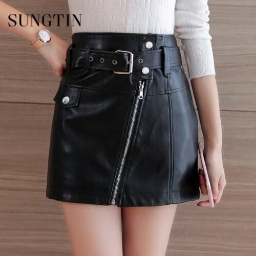 Sungtin Mini Skirts Womens Spring Summer A-line Short Pu Leather Skirt Black High Waist Ladies Casual Fashion with Belt 2021