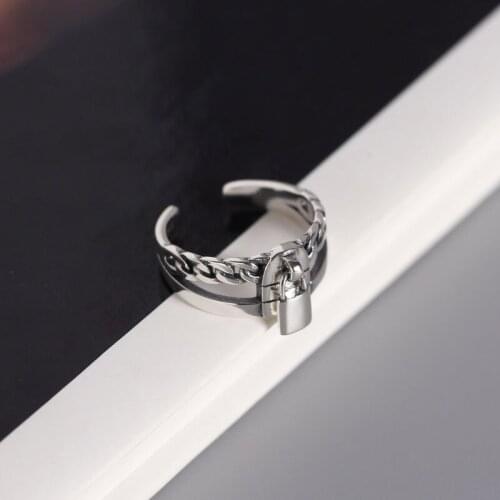 MLKENLY Double lock ring retro tank chain open ring index finger ring female 925 sterling silver jewelry for punk