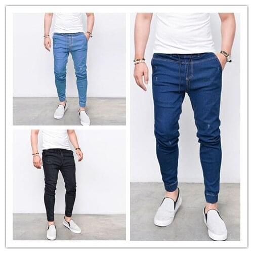Mens Skinny Jeans Fashion Pencil Trousers Skinny Mid-rise Drawstring Trousers Light Weight Denim Pants
