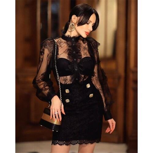 New Arrival 2 Pieces Sexy Women Sets Lace Long Sleeve Bodycon Bandage Women Sets Night Party Sets