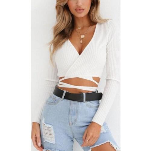 Solid Jumper Fashion Long Sleeve Lace Up Pullover New Knitting Clothes Sexy V neck Cross Knitted Thin Sweater 2020