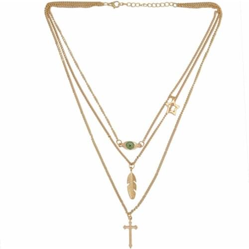 Fashion European Style Multi-layer Gold Cross Choker Pendants Necklaces For Women Alloy Vintage Leaf Long Necklace Jewelry