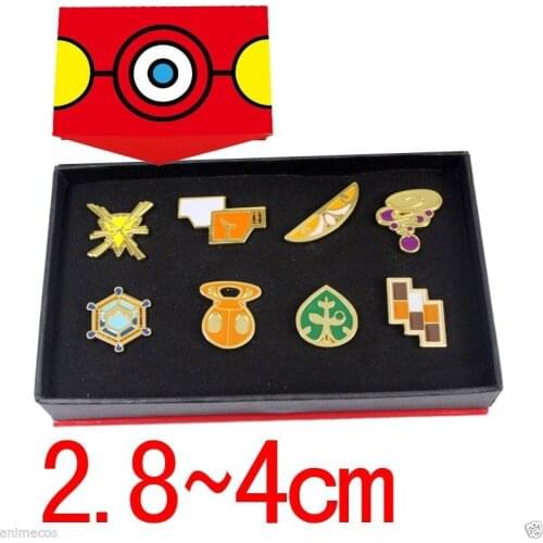 Pokemen Kalos 8 Metal League Badge Pin Pip Gen 6 Cosplay Prop Collection Set 8*badges+Box 12*16*3cm