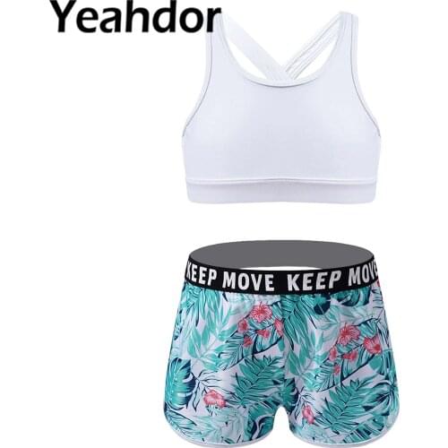 2Pcs Kids Girls Dance Sport Suit Sportwear Straps Criss Cross Cut Out Back Sport Bras Tops and Shorts Set for Gym Yoga Workout