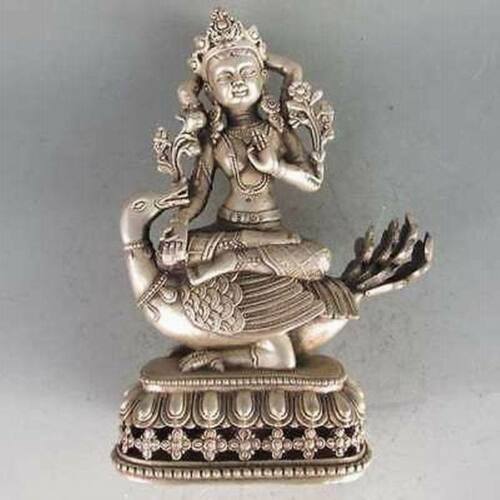 TIBET SILVER COPPER TIBETAN BUDDHISM STATUE -- 4 ARM TARA BUDDHA & GOOSE