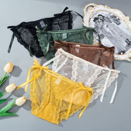 Womens Sexy Lace Underwear Panties Delicate Soft Comfortable Lingerie Fashion Bow Knot Female Transparent Mesh Low-Rise Briefs