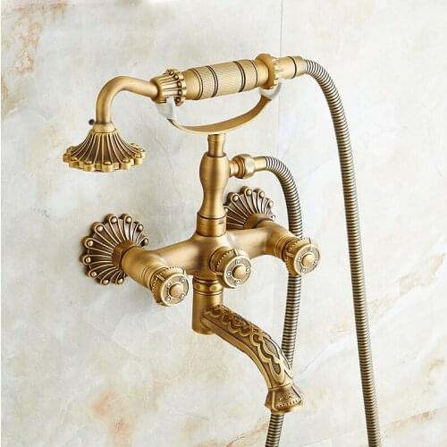 Vidric Vidric Euro Carved Antique Brass Shower Faucets Wall Mount Brass 3 Handles Mixer Tap Dual Holes Bathtub Shower Faucet