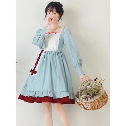Vintage pastoral style sweet lolita dress falbala lace square collar patchwork victorian dress kawaii girl gothic lolita op loli