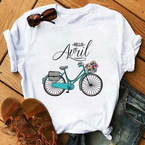New Arrival Women Fashion Hello Bicycle And Color Painting Floral Printed Aesthetic White Casual Round Collar Ladies Tee Tshirt