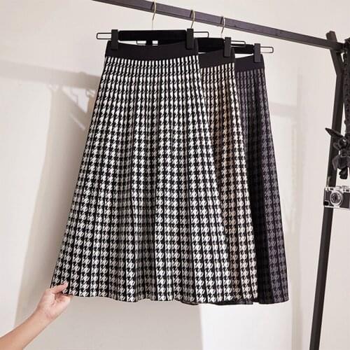 TIGENA Knitted Plaid Long Skirt Women 2021 Autumn Winter Vintage Elegant Houndstooth A Line High Waist Pleated Midi Skirt Female