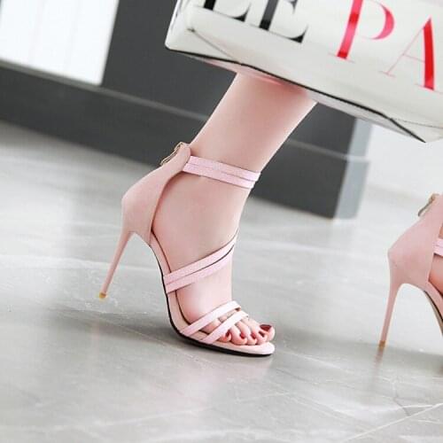 Ribbon sequins big red thin high heels wedding shoes pink small size Bridesmaid female sense dance performance sandals big size
