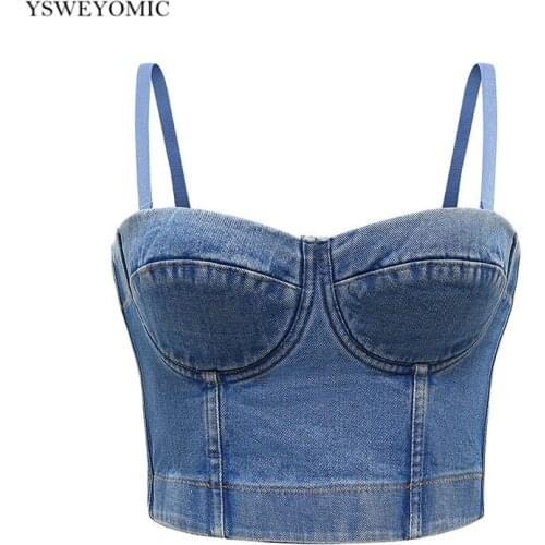 YSW Denim Jeans Scratched Womens Button Diamonds Ripped Push Up Bustier Night Club Party Crop Top 2020 New Corset Camise