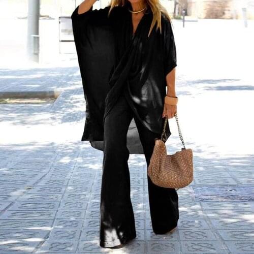 2Pc Set Women Loose Top and Flare Pants suit Casual Autumn Solid Half Sleeve Pleated V-Neck Streetwear Sets Fashion Femme Outfit