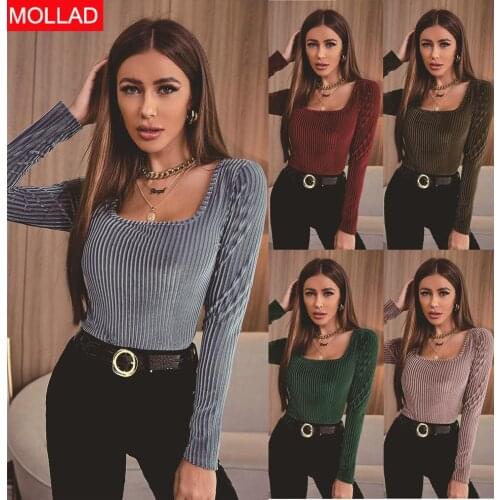 2021 Autumn Pullover Square Collar Solid Color Long Sleeve Slim Fit Temperament Commute T-shirt for Women