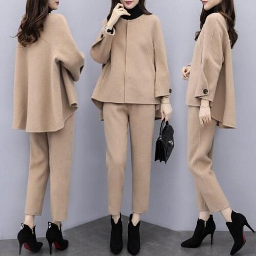 Woolen Jacket Women Set Wide Leg Pants Suit Elegant Fashion Autumn Winter Ladies Solid Coat Tops Trousers Two Piece Outfits