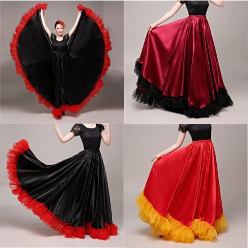 90cm Plus Size Gypsy Spanish Flamenco Skirt Lace Woman Girls Belly Dance Silk Satin Smooth Bullfight Performance Elastic Dress