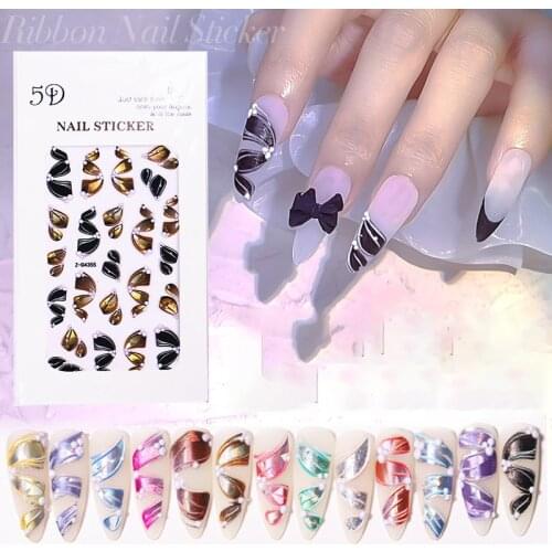1 Pc 3D Relief Laser Bowknot Ribbon Nail Sticker Fashion Sweet Student Nail Art Decal Decoration Manicure Tools Nail Accessories