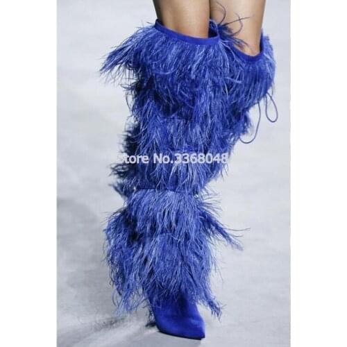 2018 Fur Feather Cover Suede Knee 10 CM Heeled Boots Women Tassel Leather Motorcycle Boots Runway Winter Shoes Woman Big Size 47