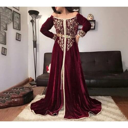 Burgundy Velvet Gold Appliques Morocco Caftan Prom Dress 2021 Off Shoulder Long Sleeve Evening Formal Party Gowns