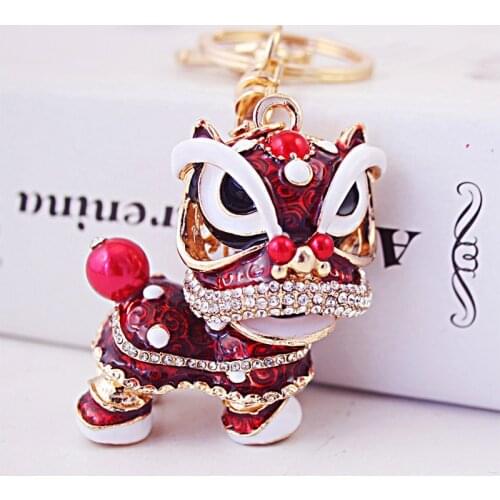 Chinese style small gift creative key ring traditional lion dance alloy dripping oil color key ring eye-catching metal pendant