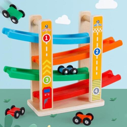 Wood Slide Race Track Baby Hand Eyes Practice Education Toy with 4 Sliding Cars