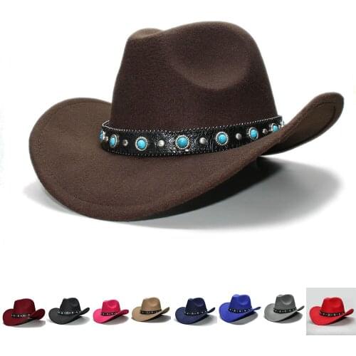 Kid Child Retro 100% Wool Wide Brim Cowboy Western Cowgirl Bowler Hat Fedora Cap Turquoise Bead Vintage Leather Band 54cm/Adjust