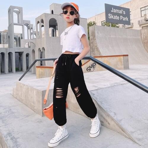 Kids Cotton Short Sleeve Tees Suit Baby Girls Clothes White Sweatshirt Tops Ripped Holes Sweatpants Harem Jogger Pants Set dress