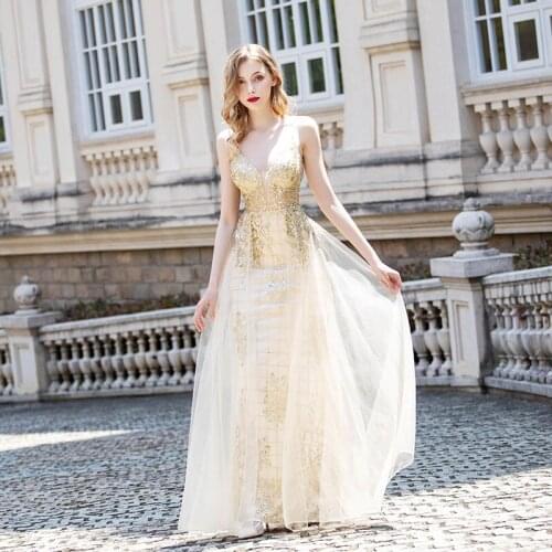 New Sexy Glitter Gold Long Prom Dresses Straps Tulle Stones Backless Party Dress Robe De Soiree 2020