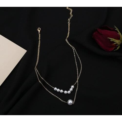 Double Layer Alloy Golden White Simulated Pearls Pendant Clavicle Chain Necklace for Women & Girls