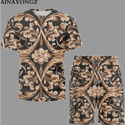 Summer Fashion Short Sleeve Mens Sets 2021 New Ethnic Style Flowers Print T-Shirt Shorts Suit Couple Leisure Clothes Tracksuit