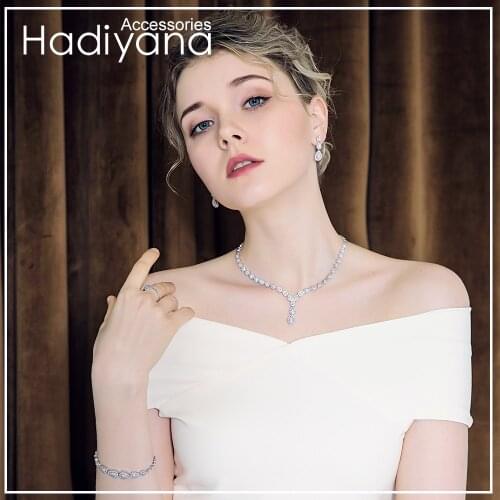 Hadiyana New Sparking Water Drop Crystal Jewelry Sets With High Quality Cubic Zircon 4pcs Bridal Stone Women Jewelry Set CN150