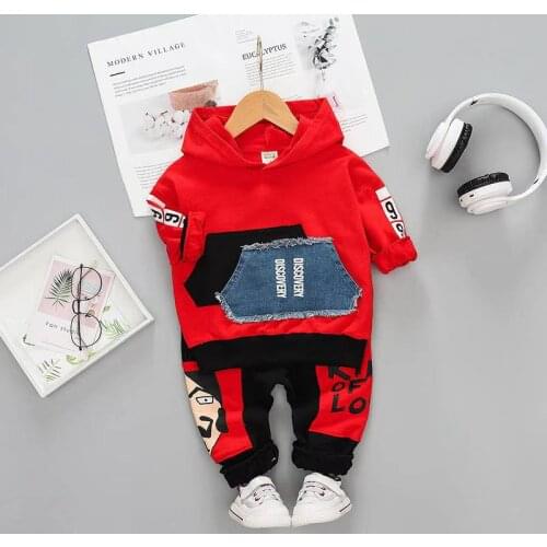 Boys' Suit Cotton Denim Pocket 2021 Spring New Style Kids Clothes 2-Piece Set of Childrens Long Sleeve Top + Trousers 0-4 Years