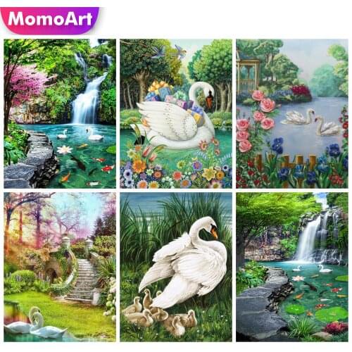 MomoArt 5D DIY Diamond Painting Swan Cross Stitch Mosaic Diamond Embroidery Waterfall Animal Full Square Round Drill Home Decor
