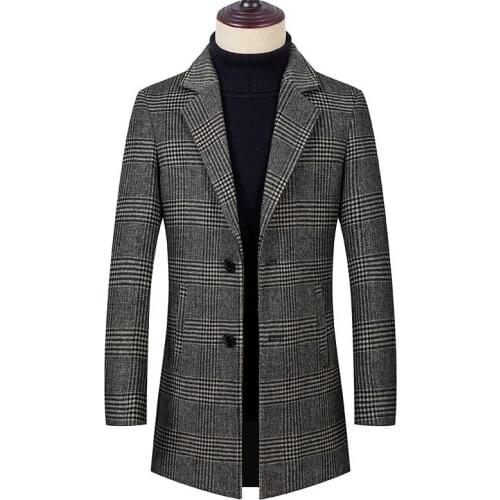 2020 Winter New Mens Houndstooth Wool Coat Fashion Casual Thicken Slim Fit Long Overcoat and Jacket Male Brand Coffee Plaid
