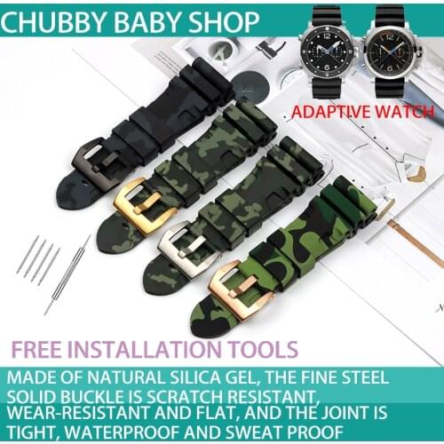 24mm 26mm soft Silicone Rubber army Green Camo watch band For Panerai strap watchband Waterproof free tools 44mm 47mm dial
