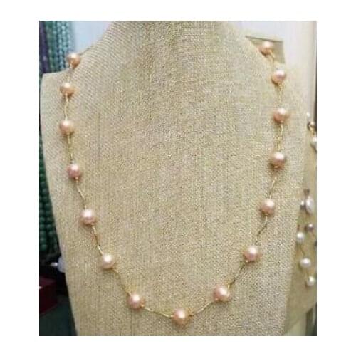Real natural south sea baroque pink 9-10mm pearl necklace 21" yellow clasp